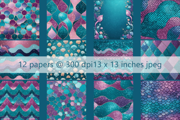 Download 12 Mermaid Digital Papers Background - Round Collection