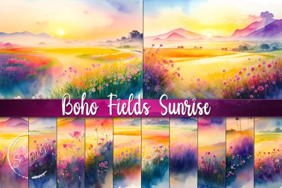 Download Boho Fields Watercolor Summer Background - Round Collection