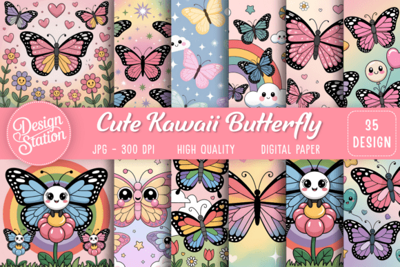 Download Cute Kawaii Butterfly Background Pack - Round Collection