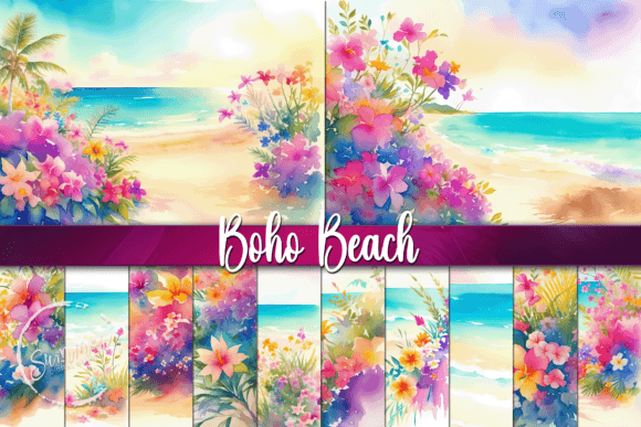 Download Boho Beach, Watercolor Summer Background - Round Collection